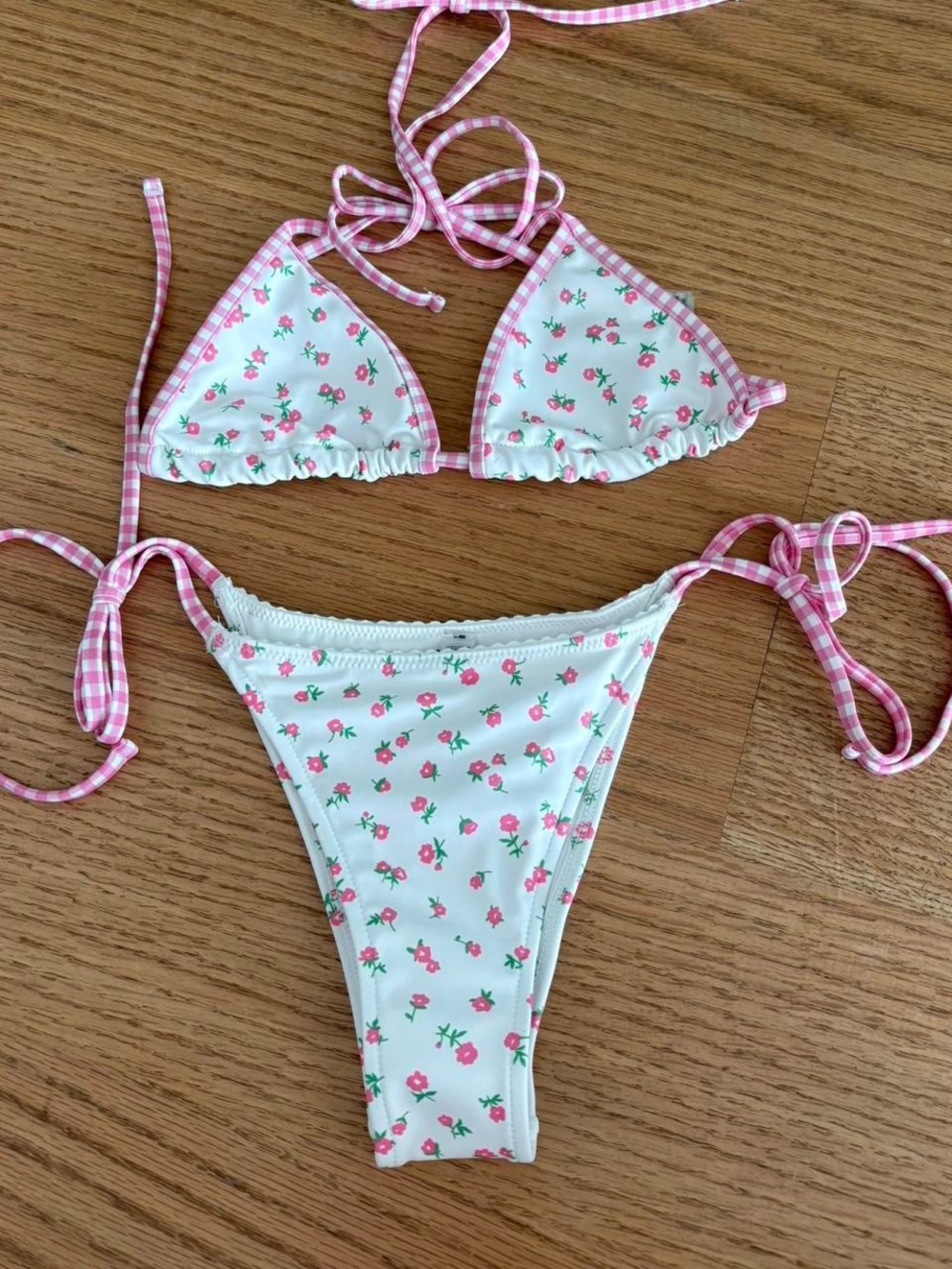 White Floral String Bikini with Pink Rose Print